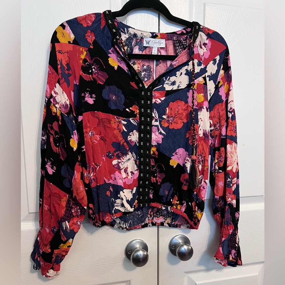 Jessica Simpson Tifany Embellished Floral Multicolor Blouse. Small - Picture 4 of 10